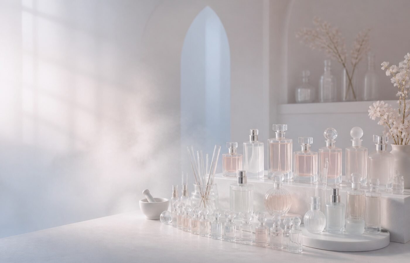 Array of unlabeled glass perfume bottles on a porcelain-white bench in soft light